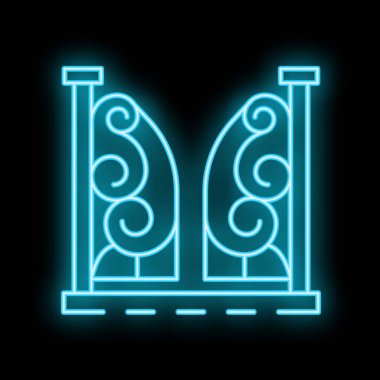 Siyah arka planda girdapları olan işlenmiş demir çit kapılarını gösteren neon ışıklı tabela.
