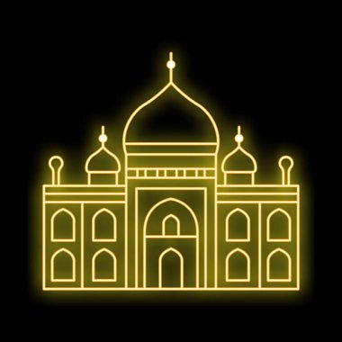 Tac Mahal binasının neon sarı çizgili sanat simgesi siyah bir arkaplanda parlıyor