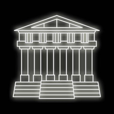 Neon işareti, klasik bir Yunan tapınak cephesini simgeliyor. Sütunlar ve merdivenlerle, koyu arkaplan üzerinde beyaz parlıyor.
