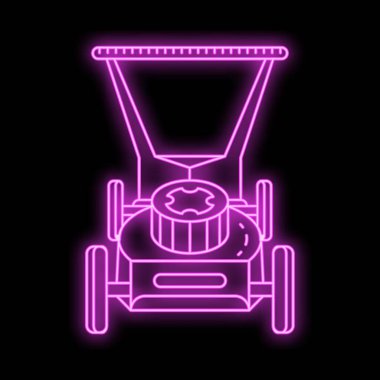 Bir çim biçme makinesini tasvir eden neon ışıklı tabela, bahçe, peyzaj ya da açık hava bakımı temaları için mükemmel.
