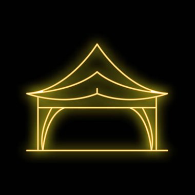 Siyah zemin üzerinde neon sarı ışık parlayan bir çadırın minimalist vektör çizimi