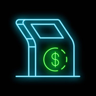 Parlayan neon hattı bilgisi kiosk terminal simgesi siyah arkaplanda izole edildi. Dolar işareti. Dolar sikke ödemesi kabul edildi. Renk simgesini kavra. Vektör illüstrasyonu