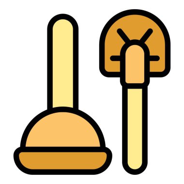 Pompa ve tuvalet fırçasının basit renkli simgesi, bir tuvaletin tıkanmasını açmak için temel araçlar