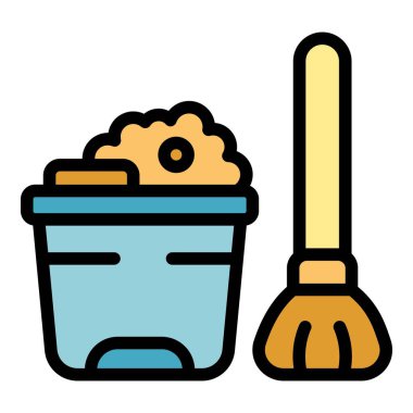 Temizlik aletleri kovası sabun ve sünger ile temizlik servisi için süpürge, beyaz arkaplanda izole basit bir biçim