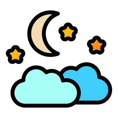 Beyaz arkaplanda yıldızlı mavi ve yeşil bulutların üzerinde parlayan hilal şeklindeki bir ayın basit vektör çizimi