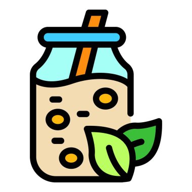 Bu renkli vektör illüstrasyonu, tapyoka incileri, bir kamış ve yeşil çay yapraklı bir bardak köpük çayı gösteriyor.