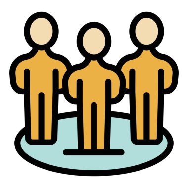 Bu renkli ikon, bir iş toplantısını ya da birleşik bir ekibi temsil etme potansiyeline sahip üç iş adamının bir platformda yan yana durduğunu gösteriyor.