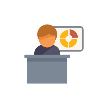 İş adamı büyüme hakkında bir sunum yapıyor, masanın arkasında oturuyor ve bir pasta grafiği gösteriyor.