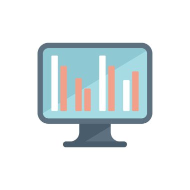 Bu vektör illüstrasyonu, veri analizi ve pazar eğilimlerini temsil eden bir bar tablosunu gösteren bir bilgisayar monitörünü gösterir