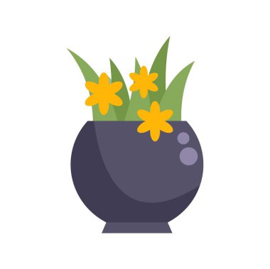 Saplı gri bir tencerede büyüyen sarı çiçekleri tasvir etmek, ev bitkileri ve ev dekorlarıyla ilgili tasarımlar için mükemmel.