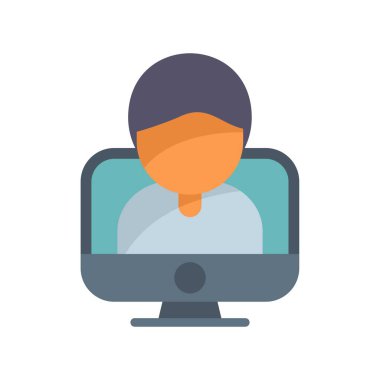 Bu simge, masaüstü bilgisayarını kullanarak çevrimiçi bir toplantıya katılan bir adamı gösteriyor, uzaktan çalışmayı temsil etmek için mükemmel.