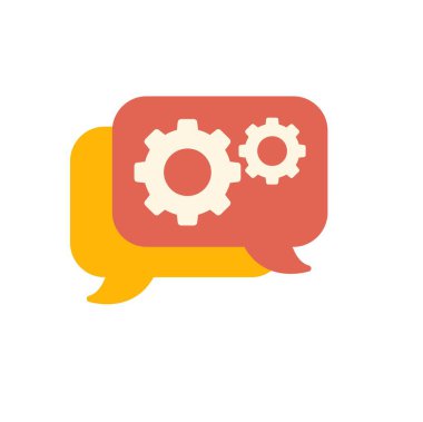 İki üst üste binen konuşma kabarcığı içinde iletişimi sembolize eden dişliler ve başarılı iş çözümleri için takım çalışması