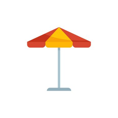Plajda gölge sağlayan kırmızı ve sarı plaj şemsiyesi, düz tasarım yaz tatili ikonu