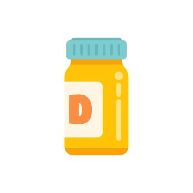 D vitamini takviye şişesinin karikatür görüntüsü, sağlık ve sağlığın korunmasının önemini temsil eder.