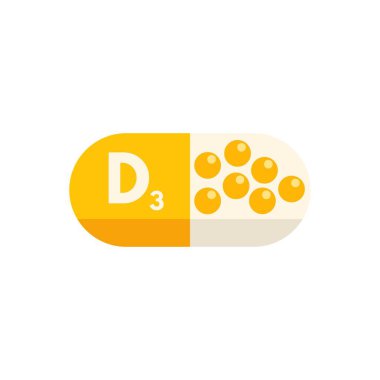 Yellow vitamin d3 supplement capsule containing softgels is lying on a white background clipart