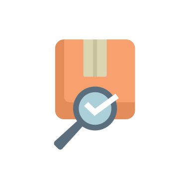 Bu vektör illüstrasyonu bir dağıtım paketini onaylayan, kalite kontrolü ve başarılı sevkiyat denetimini simgeleyen bir büyüteç gösteriyor