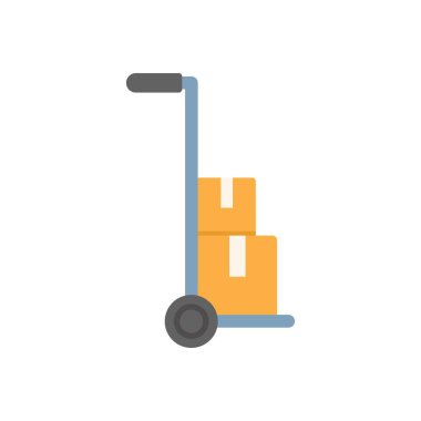 Bu vektör illüstrasyonunda, teslimatı ve lojistiği sembolize eden karton kutular taşıyan bir el arabası yer alıyor.