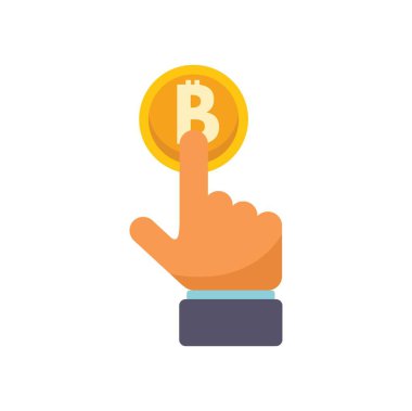 İşadamı eli beyaz arkaplandaki bitcoin kripto para birimi simgesine dokunuyor