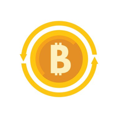 İki dairesel okla dönen altın bitcoin işareti kripto para değişimini sembolize ediyor