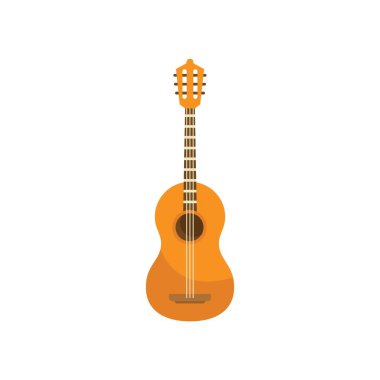 Akustik gitar ayakta, güzel ahşap kaplamalı telli bir müzik aleti.