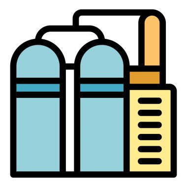 This icon design features an industrial building with storage tanks, pipes, and a control panel, rendered in a colorful and modern style clipart