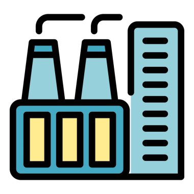 Bu vektör çizimi, hava kirliliğini ve çevresel etkiyi sembolize eden, tüten bacaları olan bir sanayi binasını içeriyor.