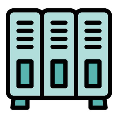 Havalandırma yuvaları ve kilitleri olan üç metal okul dolabı. Okul koridorlarında öğrenci deposu olarak kullanılıyor.