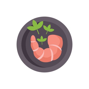 Maydanozla tatlandırılmış, siyah tabakta servis edilen karides. Basit deniz ürünleri ikonu.