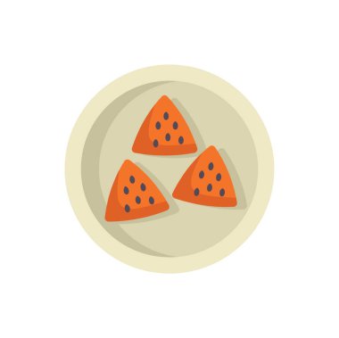 Minimalist illüstrasyon, beyaz bir arka planda izole edilmiş, yuvarlak bir tabakta üç adet üçgen karpuz dilimi içeriyor.