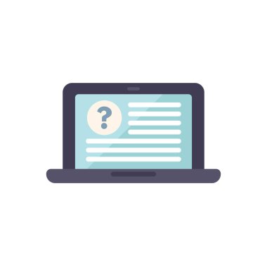 Laptop ekranında bir soru işareti gösteriyor, bu da çevrimiçi yardım veya sıklıkla sorulan sorular bölümünü işaret ediyor