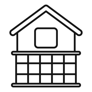 Minimalist vektör çizgisi çizimi büyük verandalı küçük bir evi temsil ediyor, emlak logosu ya da minimalist mimari tasarımı için ideal.