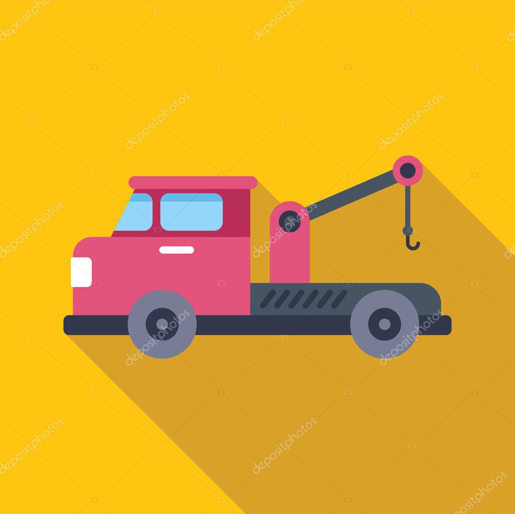 Minimalist vector illustration of a pink tow truck with a hook, depicted on a yellow background with a long shadow