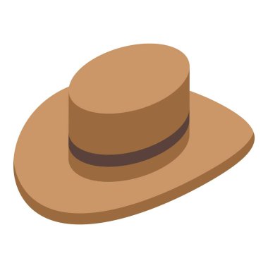 Kovboy şapkası izometrik ikon geniş kenarlı ve kurdele detaylı klasik kahverengi bir tasarım
