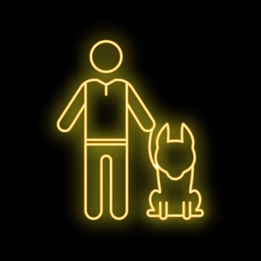 Siyah arka planda izole edilmiş tasmalı bir köpeği tutan sarı renkli bir adam resmi.