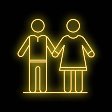 Işıldayan neon çizgisi simgesi. El ele tutuşan, aşkı ve ilişkileri temsil eden bir çift.