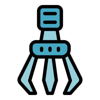 Endüstriyel robot kolu üç pençesi açık, renkli vektör simgesi olan bir nesne algılıyor.