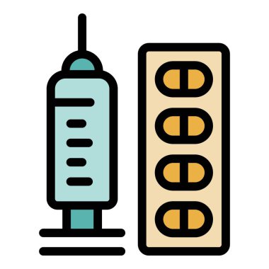 İlaç paketinin yanındaki şırınganın basit ve renkli vektör çizimi, tıbbi tedaviyi temsil ediyor.