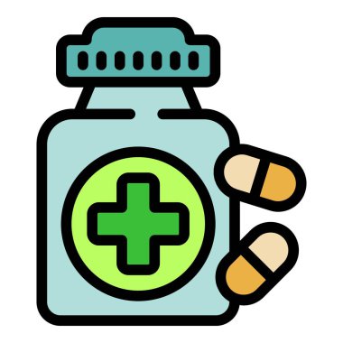 Çocuk kilidi açık reçeteli ilaç şişesinin çizgi film çizimi ve şişenin dışında iki hap.