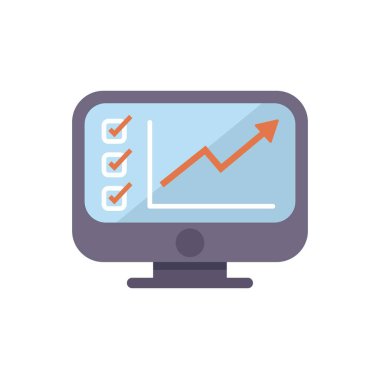Ekranda başarılı bir büyüme grafiği gösteren masaüstü bilgisayarı, tamamlanmış görevleri sembolize eden kontrol işaretleri ile