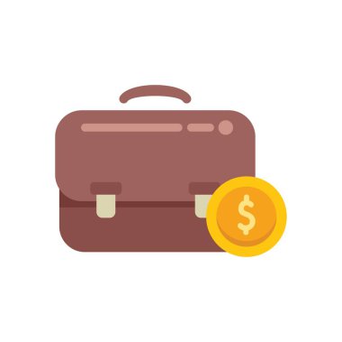Kahverengi bir iş çantasının düz tasarım simgesi. İçinde altın para var. Kârlı iş girişimlerini temsil ediyor.