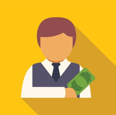 Banknot tutan bir iş adamı sarı arka planda uzun gölgesi olan düz bir para simgesi yapıyor.