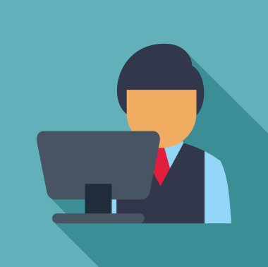 Masaüstü bilgisayar simgesi üzerinde çalışan iş adamı yeşil arkaplan üzerinde uzun gölgesi olan düz bir şekilde çalışıyor