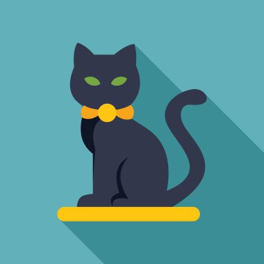 Sarı yakalı, uzun gölgeli, sarı bir yüzey üzerinde oturan siyah bir kedinin minimalist çizimi