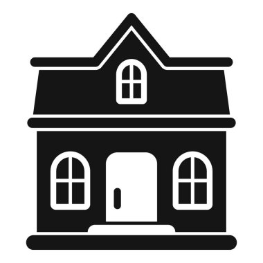 Verandası, penceresi ve kapısı olan, beyaz bir arka planda izole edilmiş özel bir evin siyah katı simgesi.