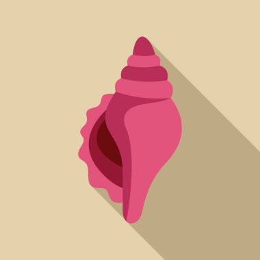 Pembe bir deniz kabuğunun yer aldığı minimalist bir illüstrasyon, kum renkli bir arka plana uzun bir gölge düşürüyor, sükunet ve sahil titreşimleri hissi uyandırıyor.