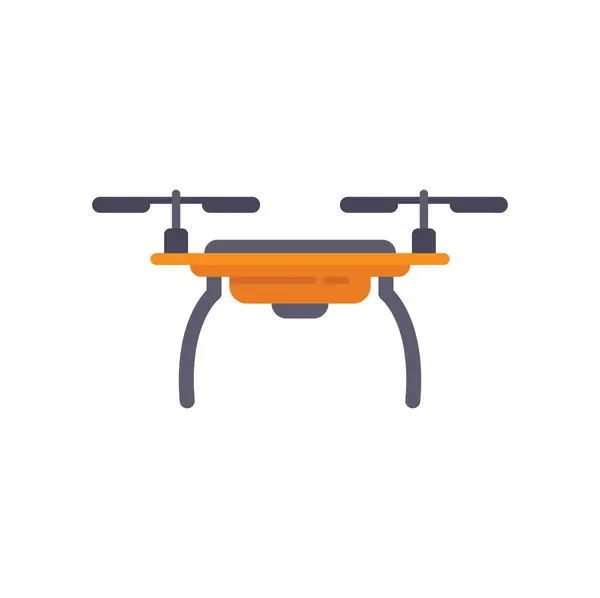 stock vector Orange quadcopter drone flying and recording, with its camera located under its body