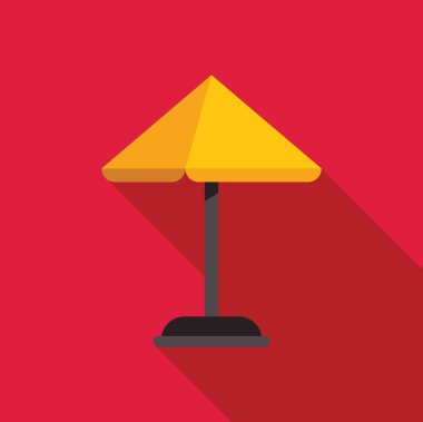 Sarı plaj şemsiyesi kırmızı arka planda uzun gölgeler bırakıyor, yaz tatili aksesuarlarının basit düz tasarımı