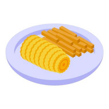 Bu izometrik ikonda ızgara mısır koçanı ve patates kızartması tabakta birlikte servis ediliyor.