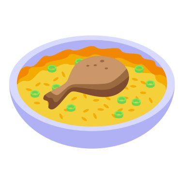 Lezzetli tavuk ve pirinç yemeği kasede servis edilir, izometrik ikon.