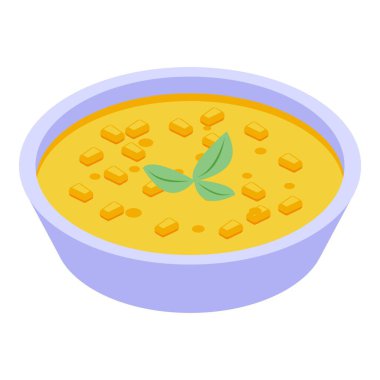 Bu izometrik ikon lezzetli bir çorba kasesi içeriyor, menüleri veya yemek bloglarını resmetmek için mükemmel.